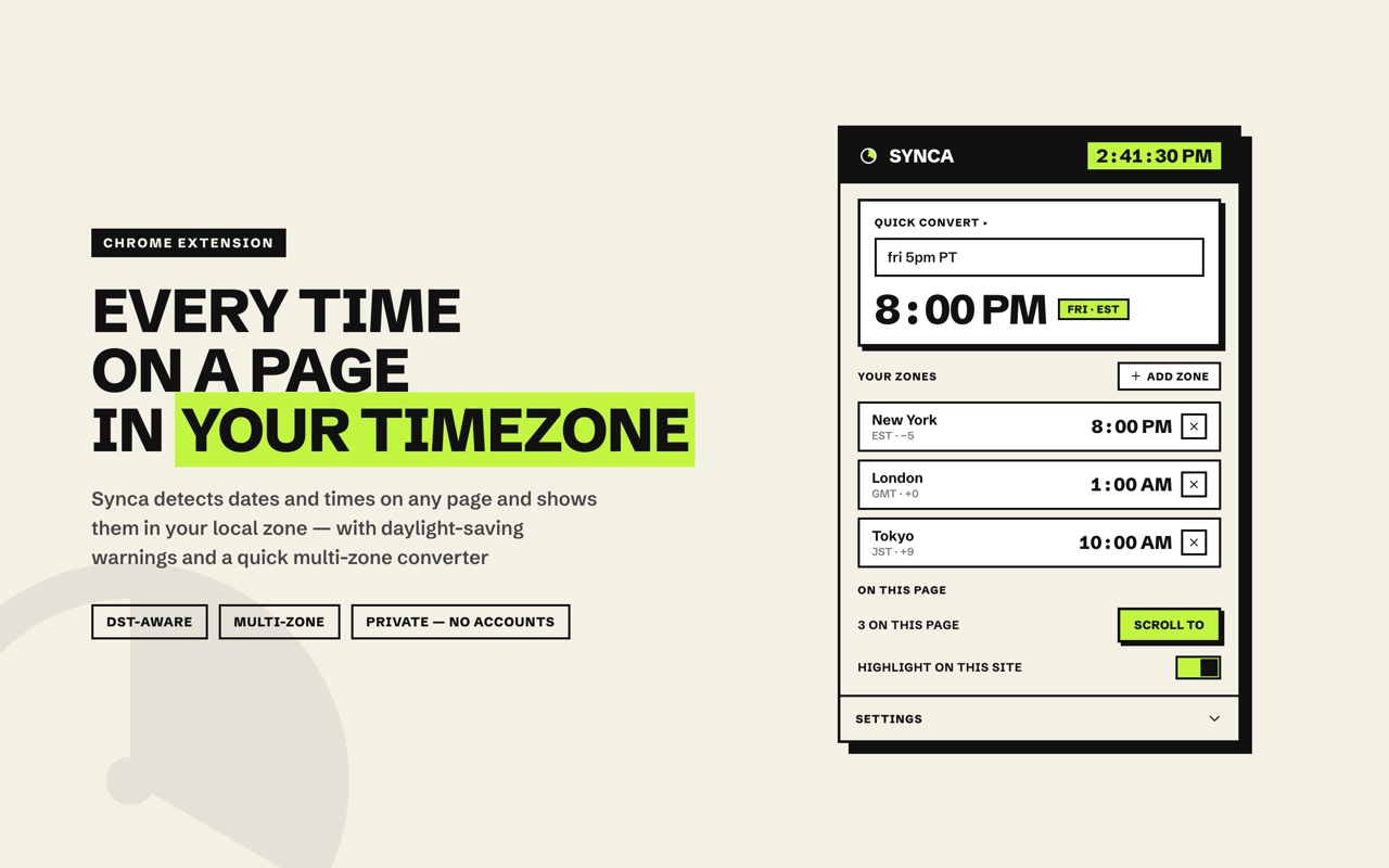 The popup — convert and track zones at a glance